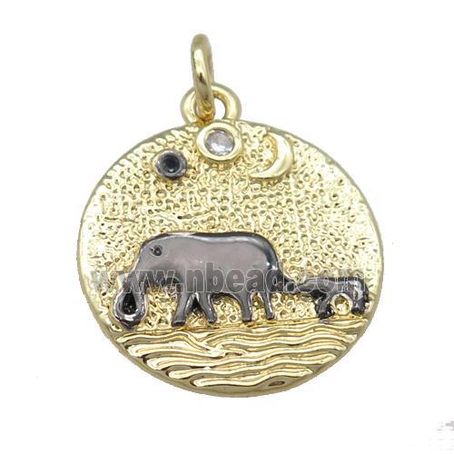 copper circle pendant with black elephant Elephant, gold plated