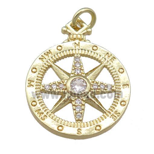 copper Compass pendant pave zircon, gold plated