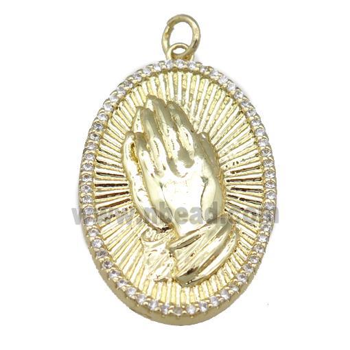 copper oval pendant pave zircon, praying, gold plated