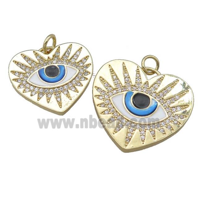 copper heart pendant pave zircon with evil eye, enamel, gold plated