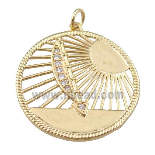 copper circle sun pendant paved zircon, boat, gold plated
