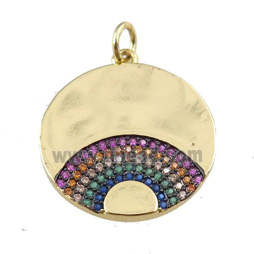 copper circle pendant pave zircon, fan, gold plated