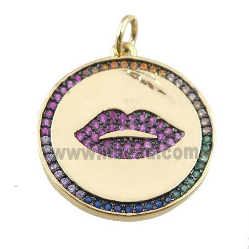 copper circle pendant pave zircon, lip, gold plated