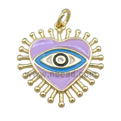 copper heart pendant with lavender enamel, eye, gold plated