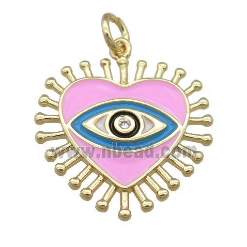 copper heart pendant with pink enamel, eye, gold plated