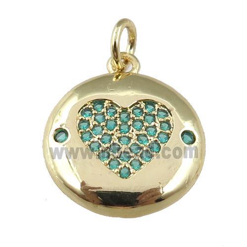 copper circle pendant pave zircon, green heart, gold plated