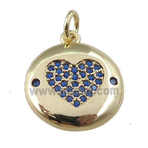 copper circle pendant pave zircon, blue heart, gold plated