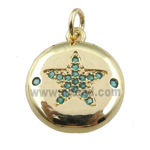copper circle pendant pave zircon, green star, gold plated