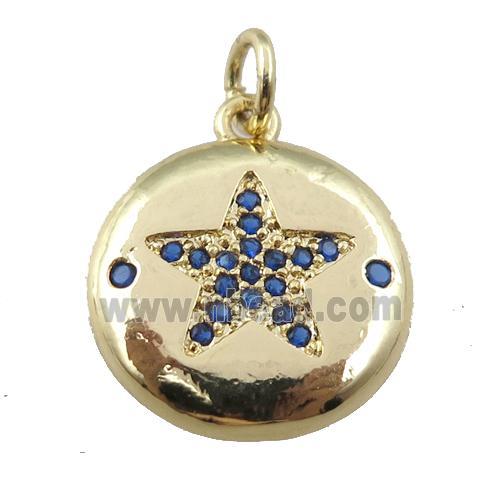 copper circle pendant pave zircon, blue star, gold plated