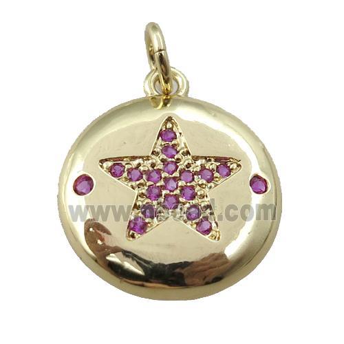 copper circle pendant pave zircon, hotpink star, gold plated
