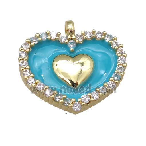 copper heart pendant pave zircon with teal enamel, gold plated