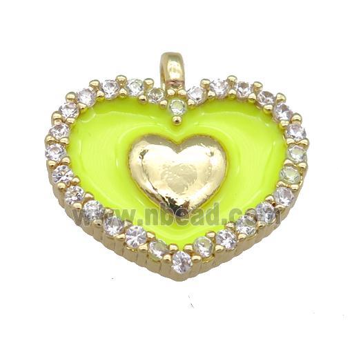 copper heart pendant pave zircon with yellow enamel, gold plated