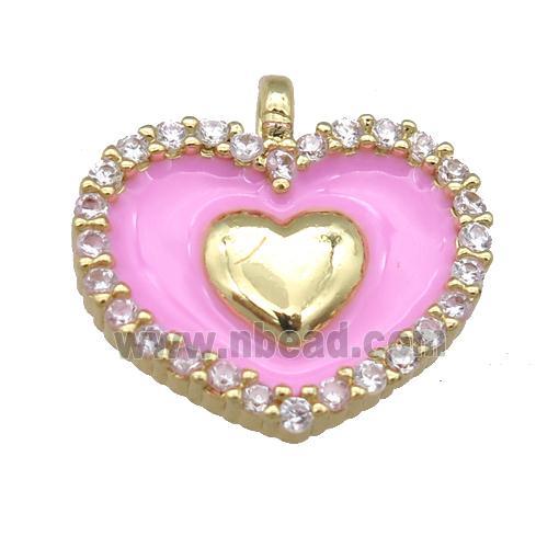 copper heart pendant pave zircon with pink enamel, gold plated