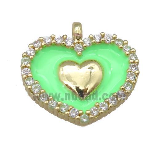 copper heart pendant pave zircon with green enamel, gold plated