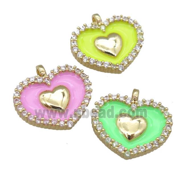 copper heart pendant pave zircon with enamel, gold plated, mixed