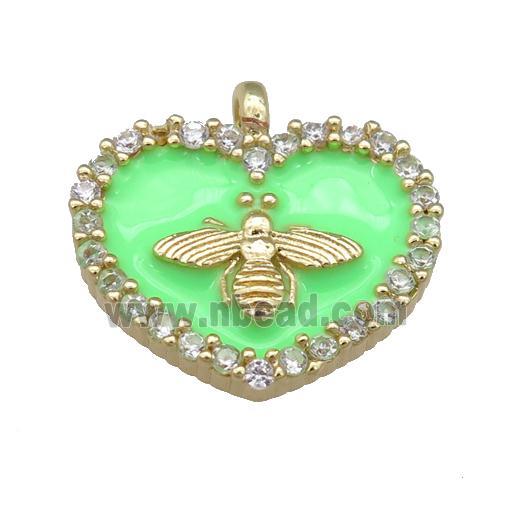 green Enamel Heart copper pendant pave zircon, honeybee, gold plated