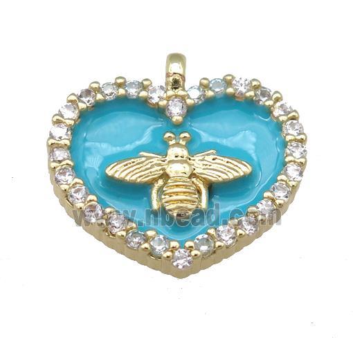 teal Enamel Heart copper pendant pave zircon, honeybee, gold plated