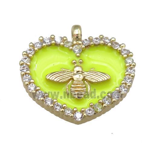 yellow Enamel Heart copper pendant pave zircon, honeybee, gold plated