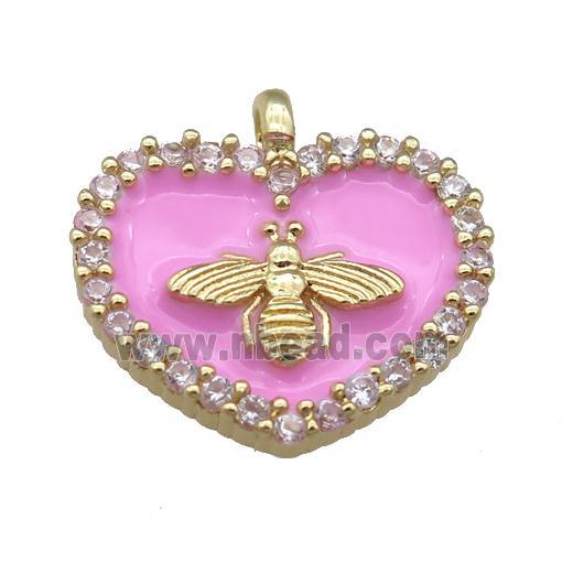 pink Enamel Heart copper pendant pave zircon, honeybee, gold plated