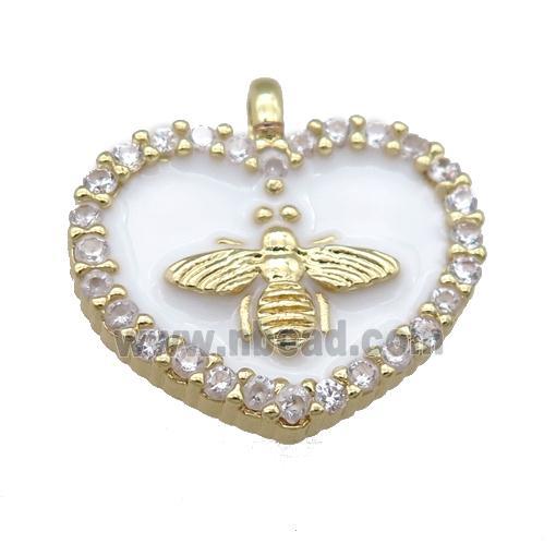 white Enamel Heart copper pendant pave zircon, honeybee, gold plated