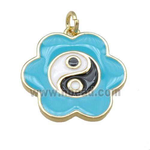 copper teal Enamel Taichi pendant, flower, gold plated