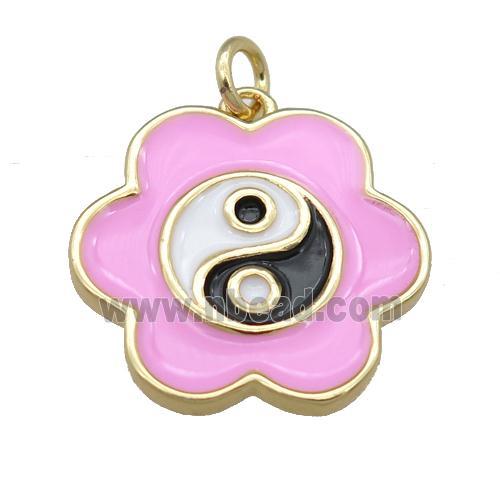 copper pink Enamel Taichi pendant, flower, gold plated