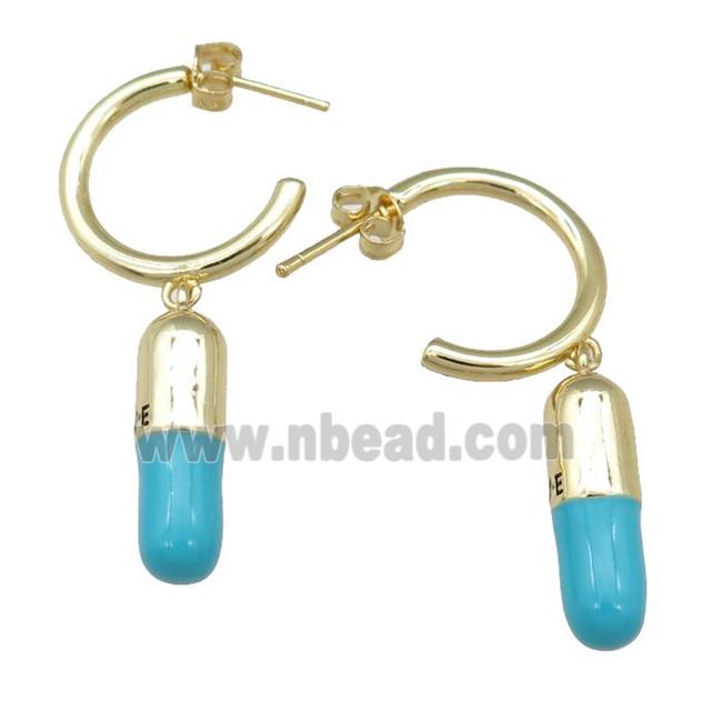 copper Stud Earring with teal enamel pill, gold plated