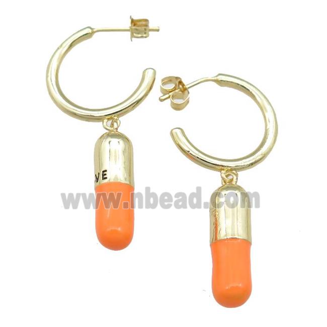 copper Stud Earring with orange enamel pill, gold plated