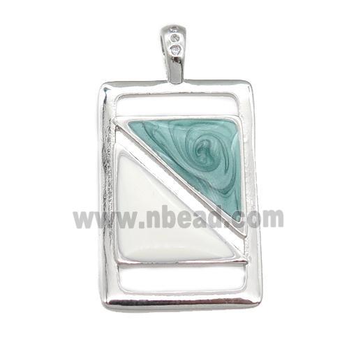 copper rectangle pendant with enamel pearlized resin, platinum plated