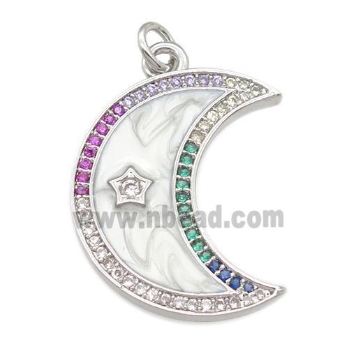 copper moon pendant pave zircon with enamel pearlized resin, platinum plated