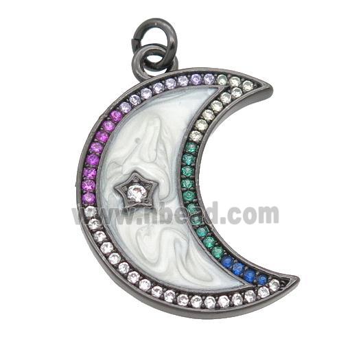 copper moon pendant pave zircon with enamel pearlized resin, black plated