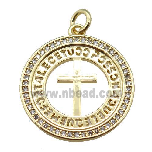 copper circle pendant pave zircon, cross, gold plated