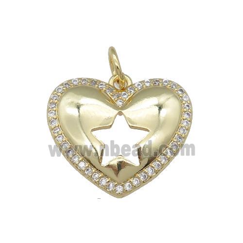 copper heart pendant pave zircon, star, gold plated