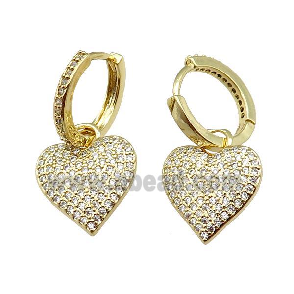 copper Hoop Earrings pave zircon, heart, gold plated