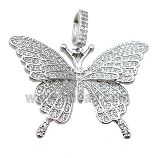 copper butterfly pendant pave zircon, platinum plated