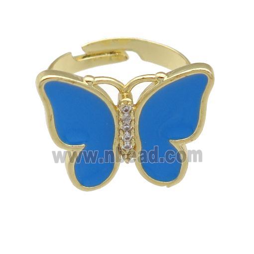 copper butterfly Rings with blue enamel, adjustable, gold plated