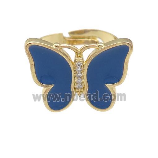 copper butterfly Rings with dp.blue enamel, adjustable, gold plated