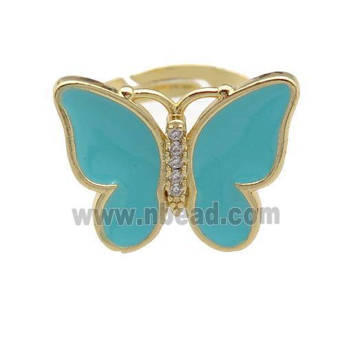 copper butterfly Rings with teal enamel, adjustable, gold plated