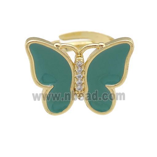 copper butterfly Rings with green enamel, adjustable, gold plated