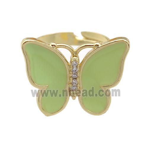 copper butterfly Rings with lt.green enamel, adjustable, gold plated