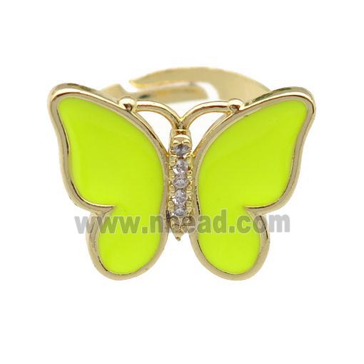 copper butterfly Rings with nenoyellow enamel, adjustable, gold plated