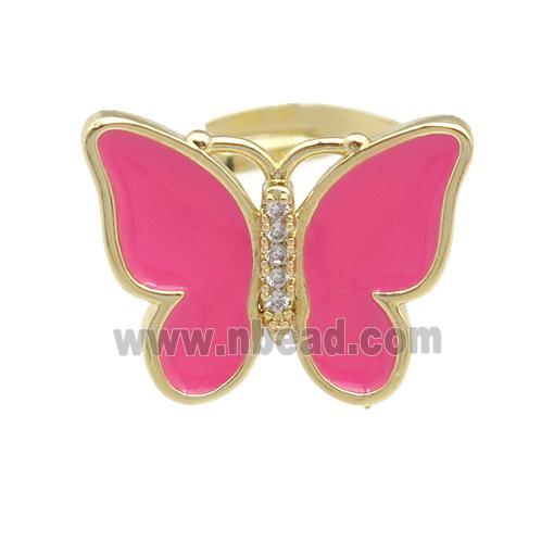 copper butterfly Rings with hotpink enamel, adjustable, gold plated