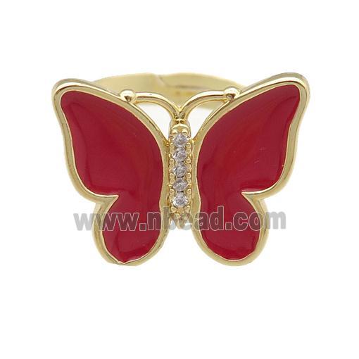 copper butterfly Rings with red enamel, adjustable, gold plated