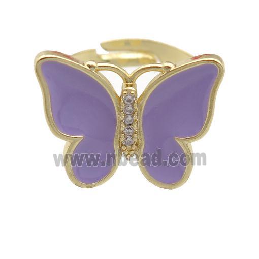 copper butterfly Rings with lavender enamel, adjustable, gold plated