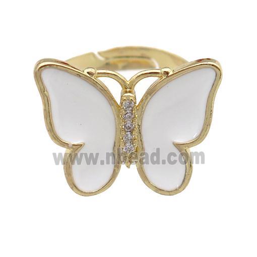 copper butterfly Rings with white enamel, adjustable, gold plated