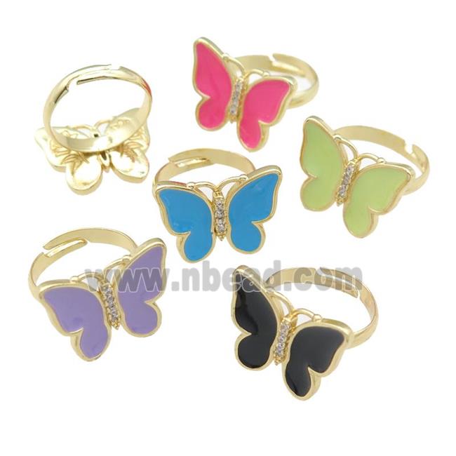 copper butterfly Rings with enamel, adjustable, gold plated, mixed