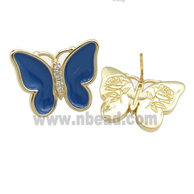 copper butterfly Stud Earring with navyblue enamel, gold plated