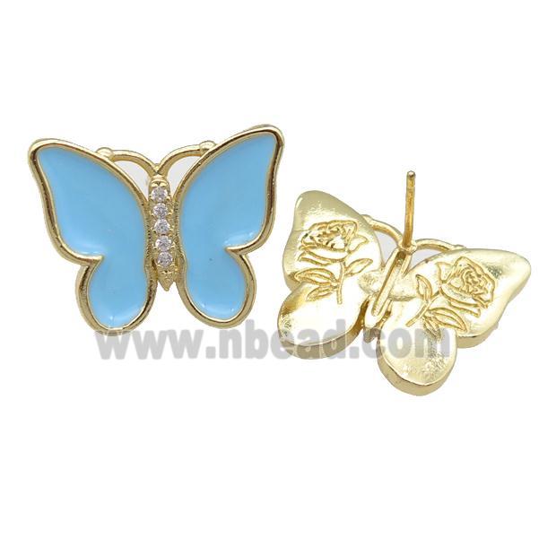 copper butterfly Stud Earring with lt.blue enamel, gold plated