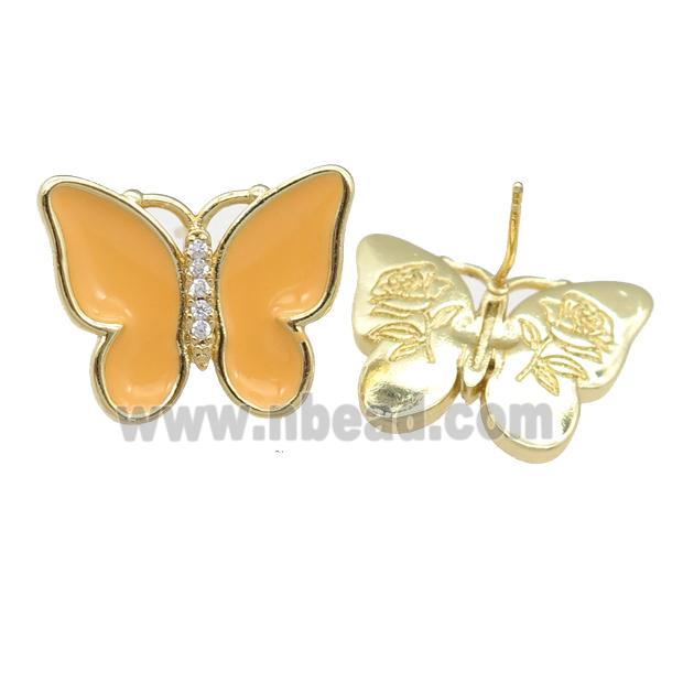 copper butterfly Stud Earring with peach enamel, gold plated