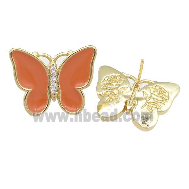 copper butterfly Stud Earring with orange enamel, gold plated